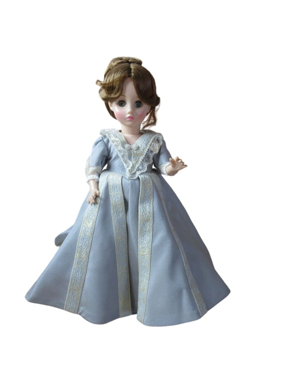 Eyes Open / Close 14" Hard Plastic Doll in Gray Gown with Stand
